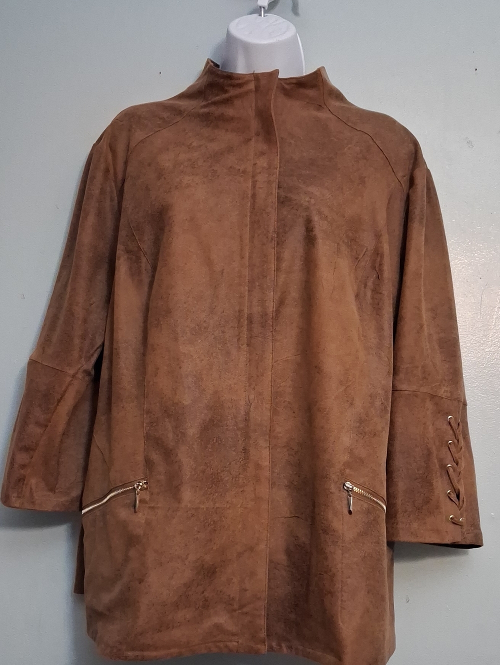 Chico's Size 20-22 (4) Women's Brown Faux Suede Coat with Faux Lace-Up Sleeves